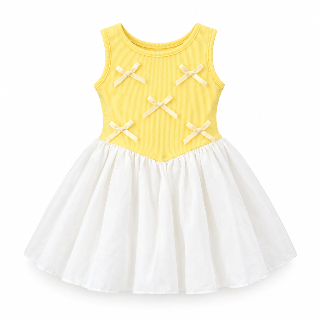A sleeveless baby girl's dress with a yellow ribbed bodice featuring five cream bow accents and a white tulle skirt, shown on a plain white background.