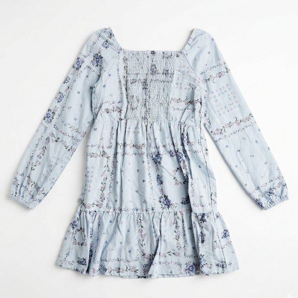 Girl Light blue floral dress with long sleeves on a white background