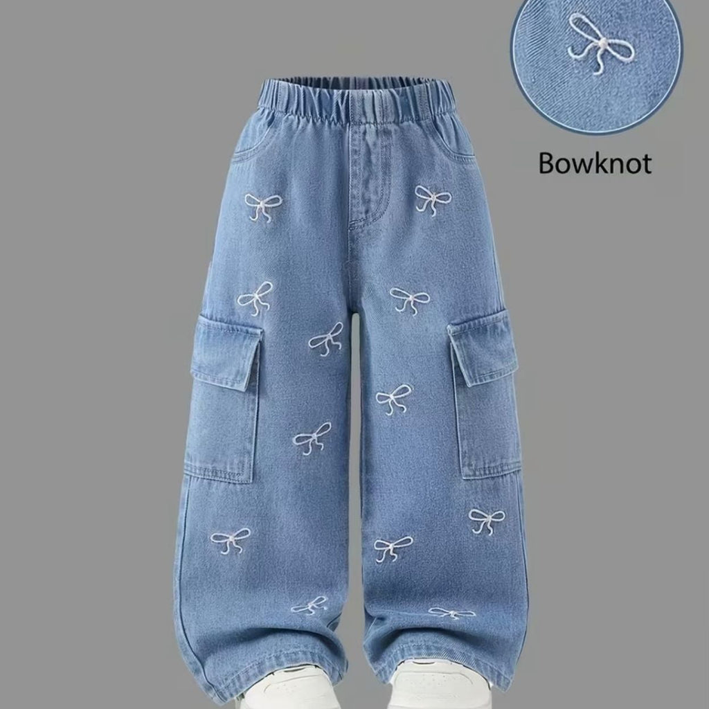Girl's Bow Knot Embroided Cargo Denim Pant 