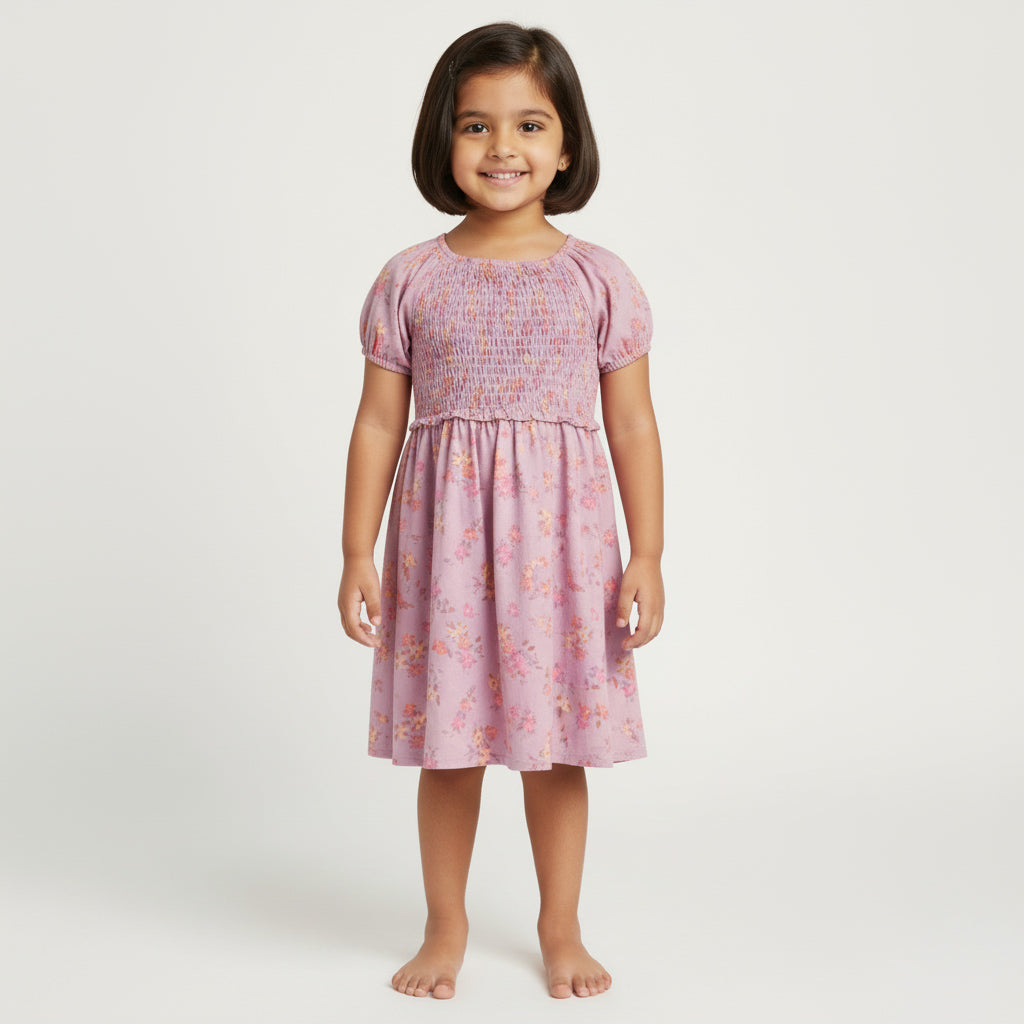 Young girl wearing a pink floral dress on a white background