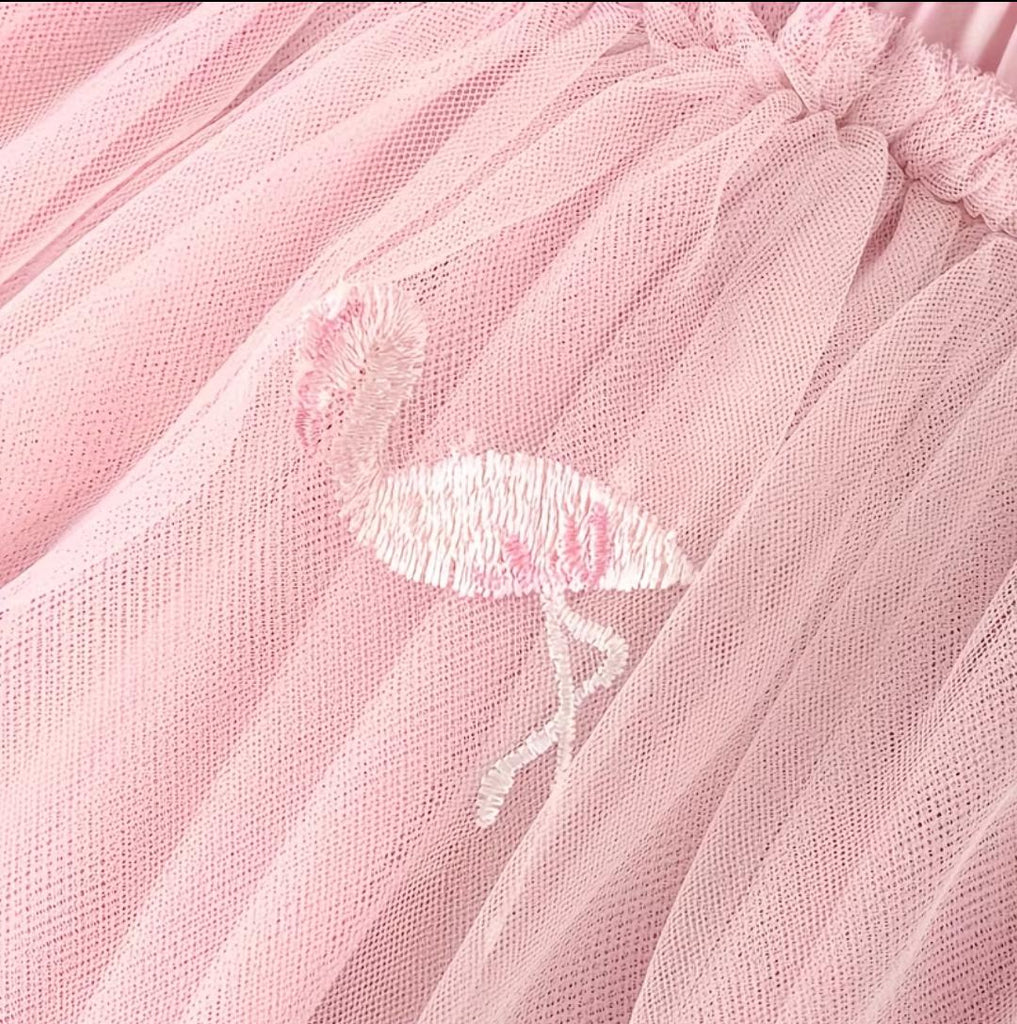 Girl's Mesh Flamingo Embroided Skirt 