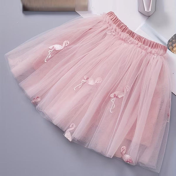 Girl's Mesh Flamingo Embroided Skirt 