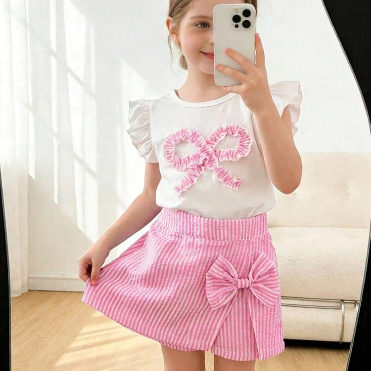 Young girl wearing a white top with pink floral design and a pink striped skirt with a bow, taking a mirror selfie.