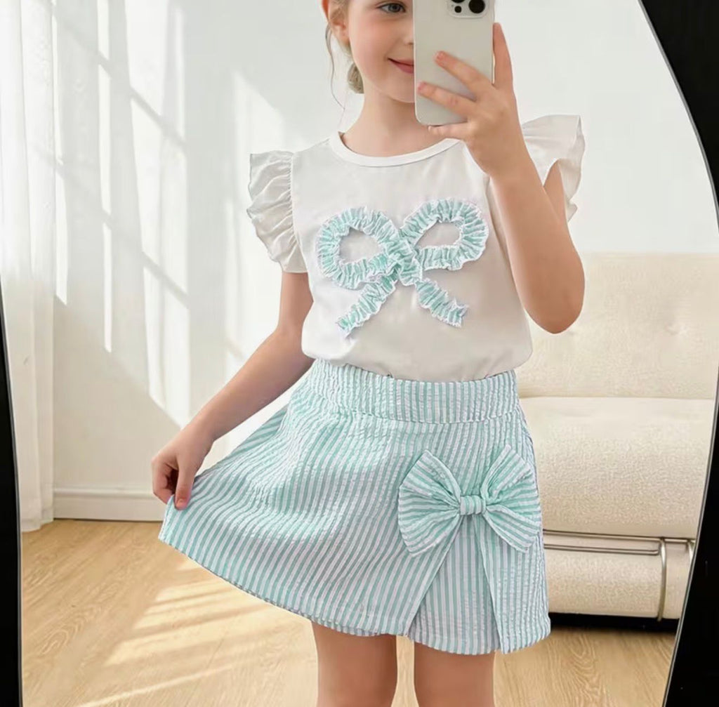 Girl's Summer Flutter Sleeve T-Shirt + Striped Skort set