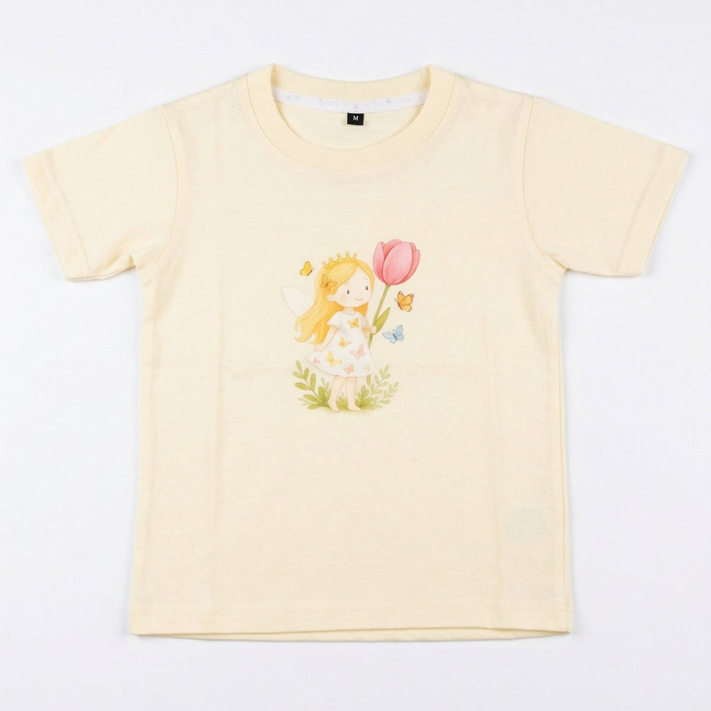 Yellow t-shirt with a cartoon lion design on a white background