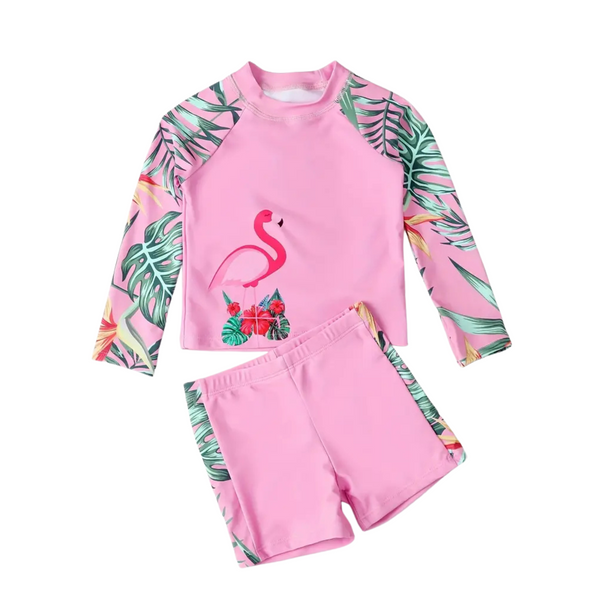 Pink children's swimsuit set with flamingo design 