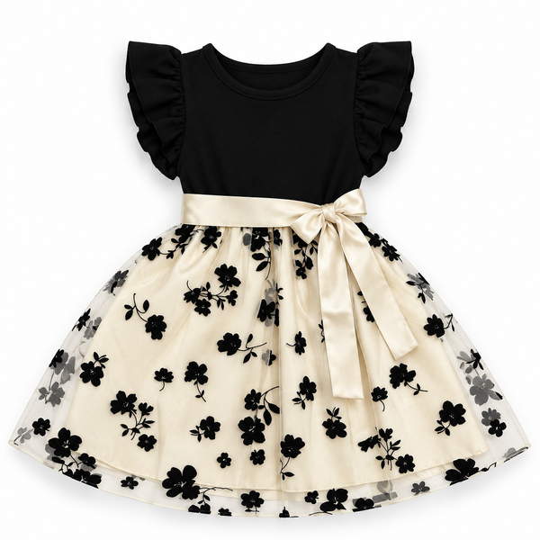 A toddler girl's dress with a solid black short-sleeve top featuring ruffled shoulders, a cream satin waistband with a bow, and a cream tulle skirt with a black floral print.