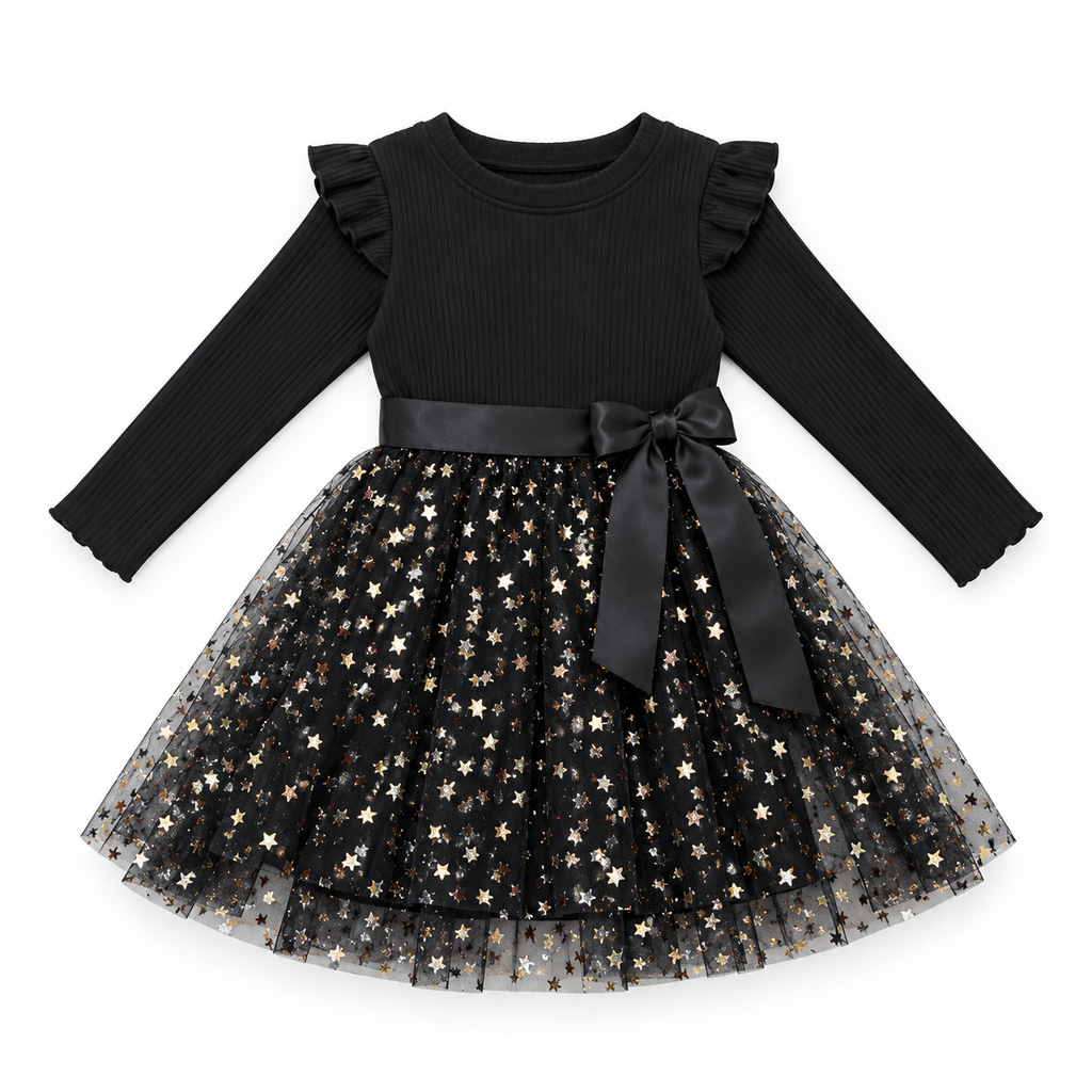A toddler girl's two-piece outfit featuring a black ribbed long-sleeve top with ruffled shoulders and a matching black tulle skirt with gold and silver star patterns and a black satin bow belt.