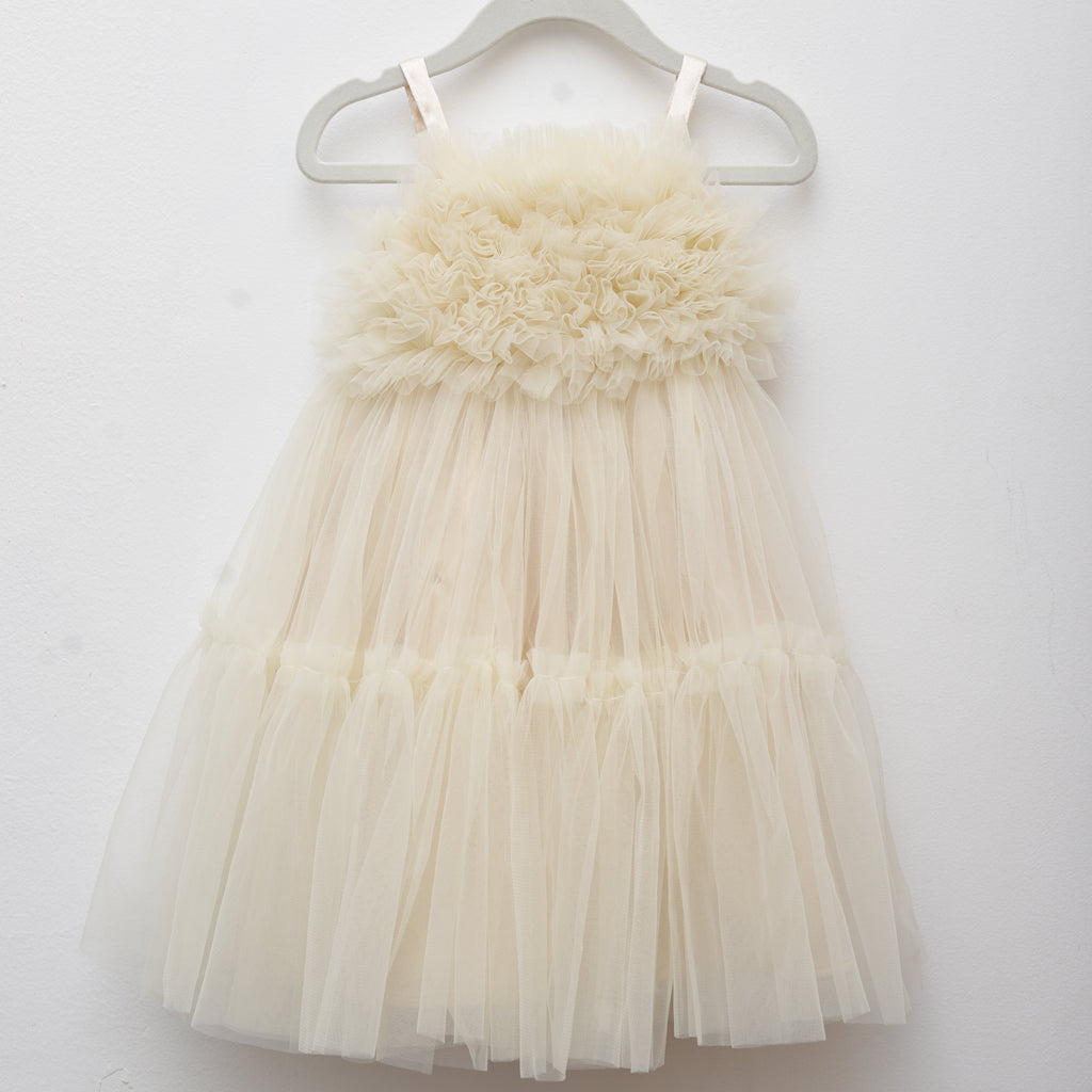 Cream-colored tulle dress with floral top on a white hanger against a white background