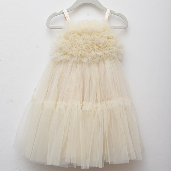 Cream-colored tulle dress with floral top on a white hanger against a white background
