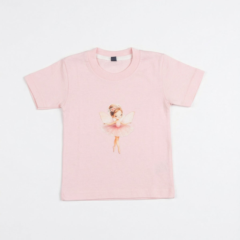 Pink t-shirt with a graphic of a ballerina on a white background