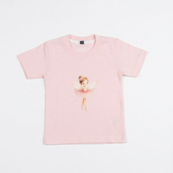 Pink t-shirt with a graphic of a ballerina on a white background
