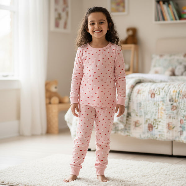 Child wearing pink pajamas with a heart pattern in a bedroom setting