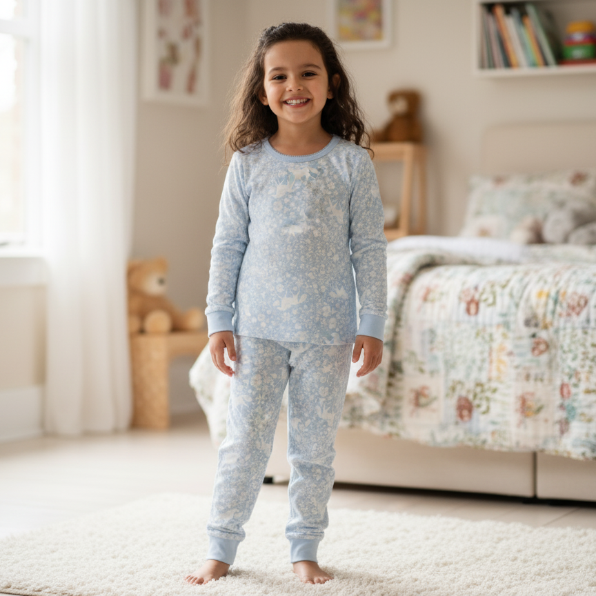Child wearing a light blue pajama set in a bedroom