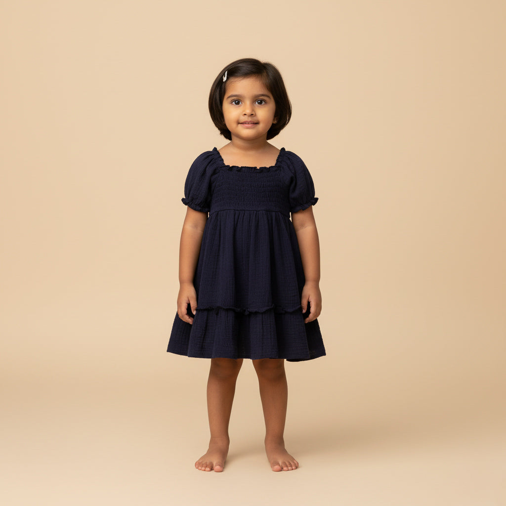 Young girl wearing a navy blue dress against a beige background