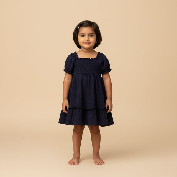 Young girl wearing a navy blue dress against a beige background