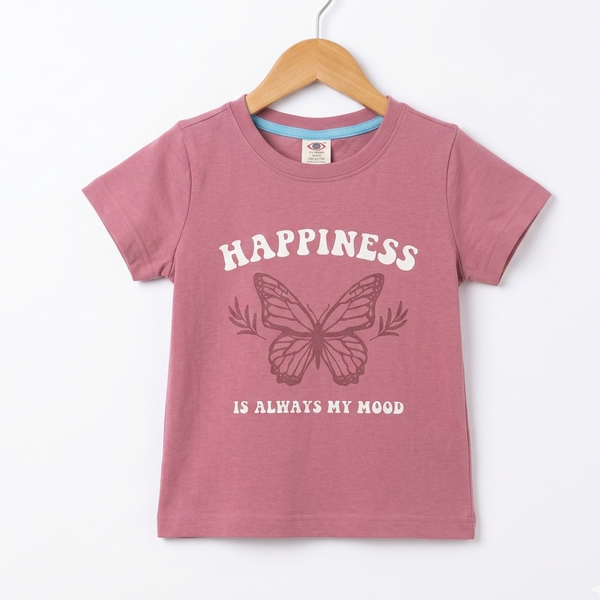 Pink t-shirt with butterfly graphic and text on a hanger against a white background