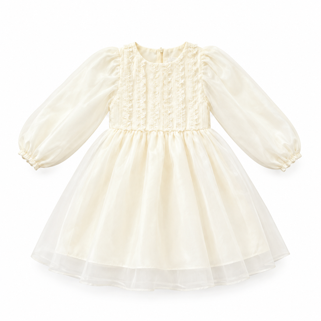 An ivory baby girl's dress featuring a long-sleeved puff-sleeve bodice with delicate lace embroidery, a gathered tulle skirt, and elasticized cuffs, shown against a plain white background.