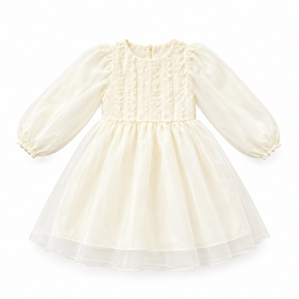 An ivory baby girl's dress featuring a long-sleeved puff-sleeve bodice with delicate lace embroidery, a gathered tulle skirt, and elasticized cuffs, shown against a plain white background.