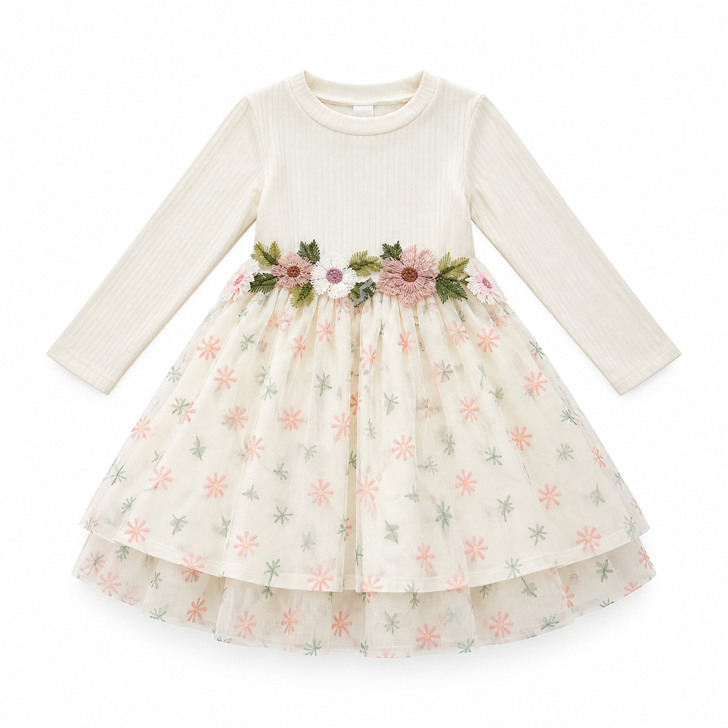 A toddler girl's long-sleeve dress with a cream ribbed knit top and a sheer tulle skirt featuring a pink and green floral pattern. The skirt is gathered at the waist with a decorative floral applique belt.