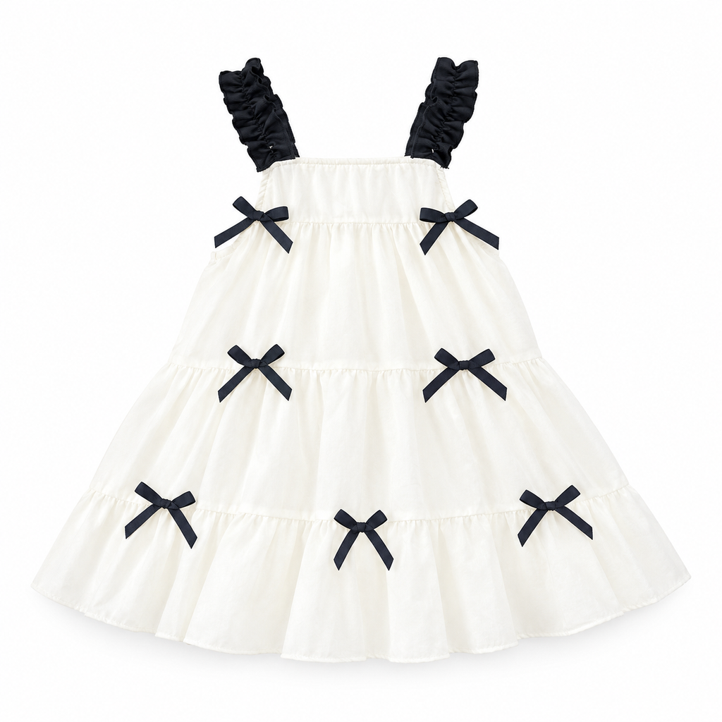 An off-white tiered dress with black ruffled shoulder straps and multiple black bow accents, displayed against a solid white background.