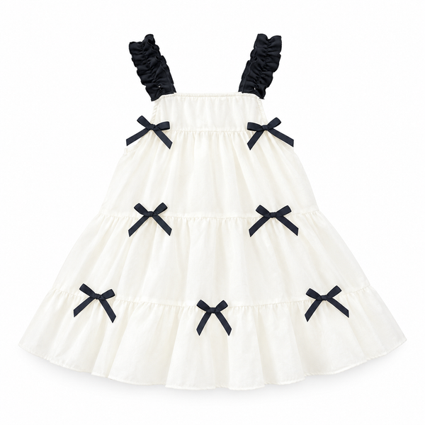 An off-white tiered dress with black ruffled shoulder straps and multiple black bow accents, displayed against a solid white background.