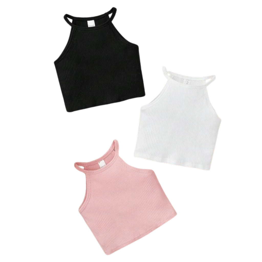 Front view of a girls’ crop top available in white, light pink, and black. Simple sleeveless design made from soft fabric, styled for casual wear and easy pairing with skirts, shorts, or jeans.