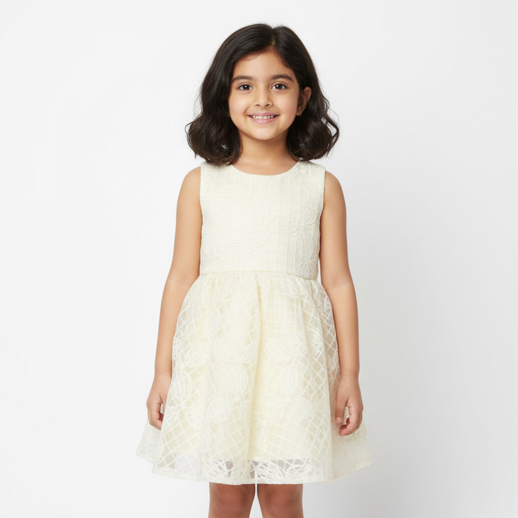 Young girl wearing a white lace dress against a plain background