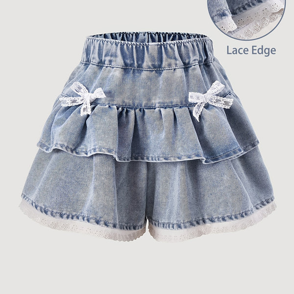 Denim shorts with lace detailing on a light gray background