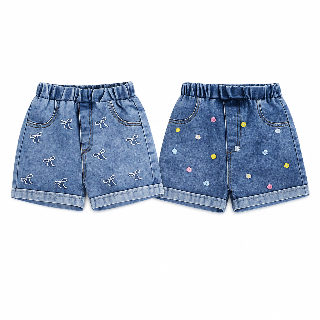 Girls Denim Blue Embroidered Shorts - Bow & Flower Options 