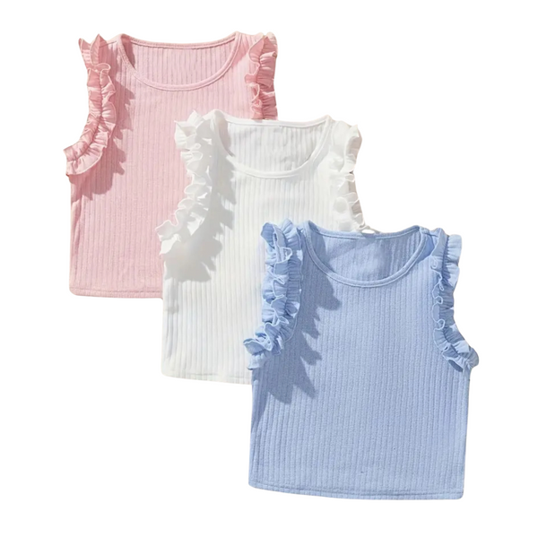 Three ribbed tank tops with ruffle details in pink, white, and blue on a white background.