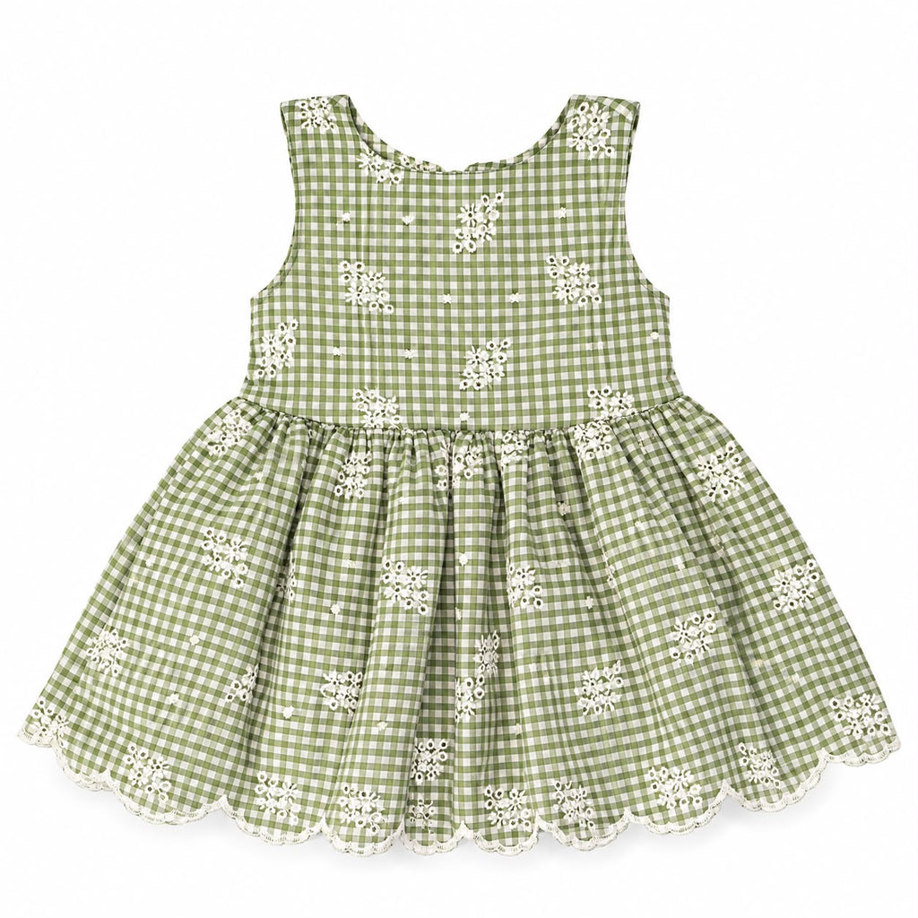 A sleeveless baby dress in a green and white gingham pattern with white floral embroidery and a white lace-trimmed hem, shown flat on a white background.