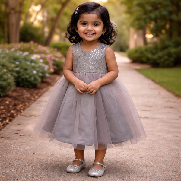Young girl in a silver grey dress standing on a path with greenery in the background