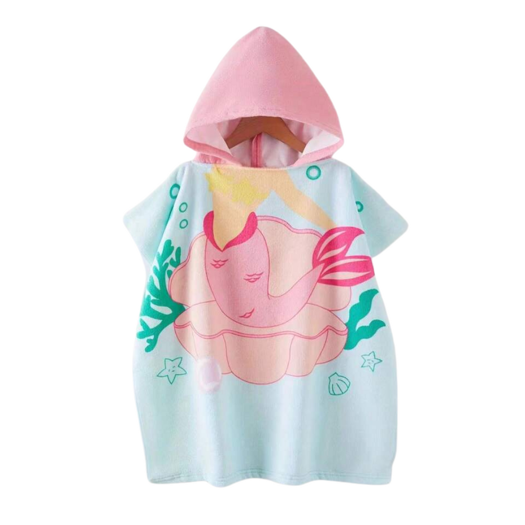 A girls' hooded poncho towel in blue with a mermaid design in pink and green, featuring a hood with a drawstring.