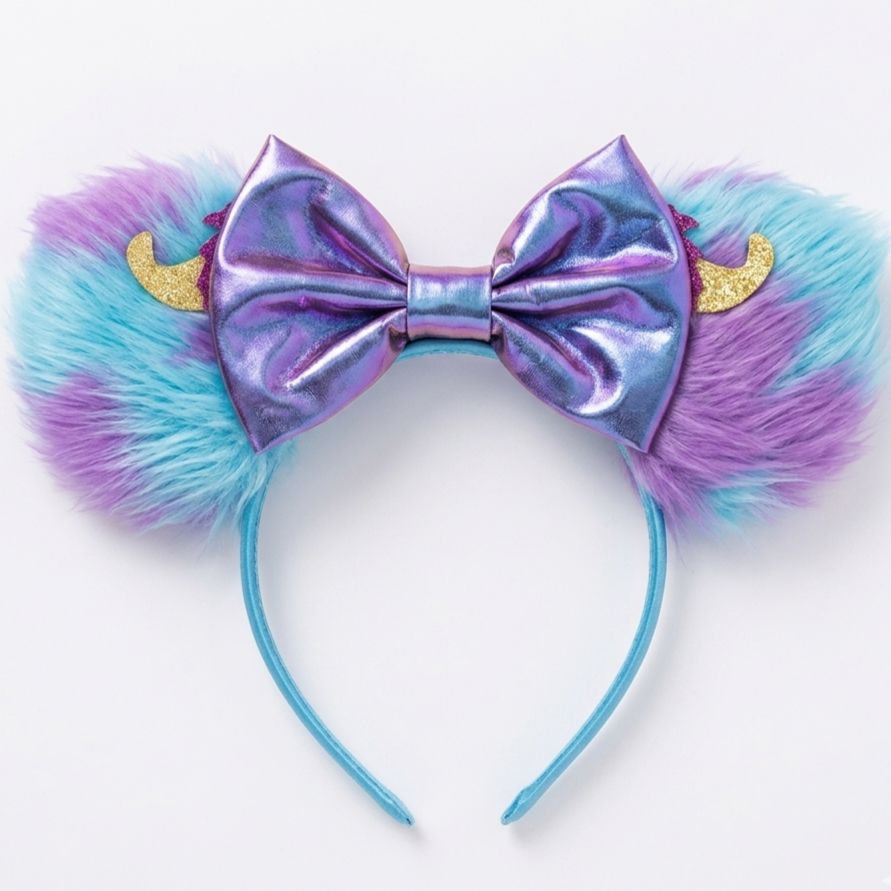 Colorful headband with fluffy ears and a large bow on a white background
