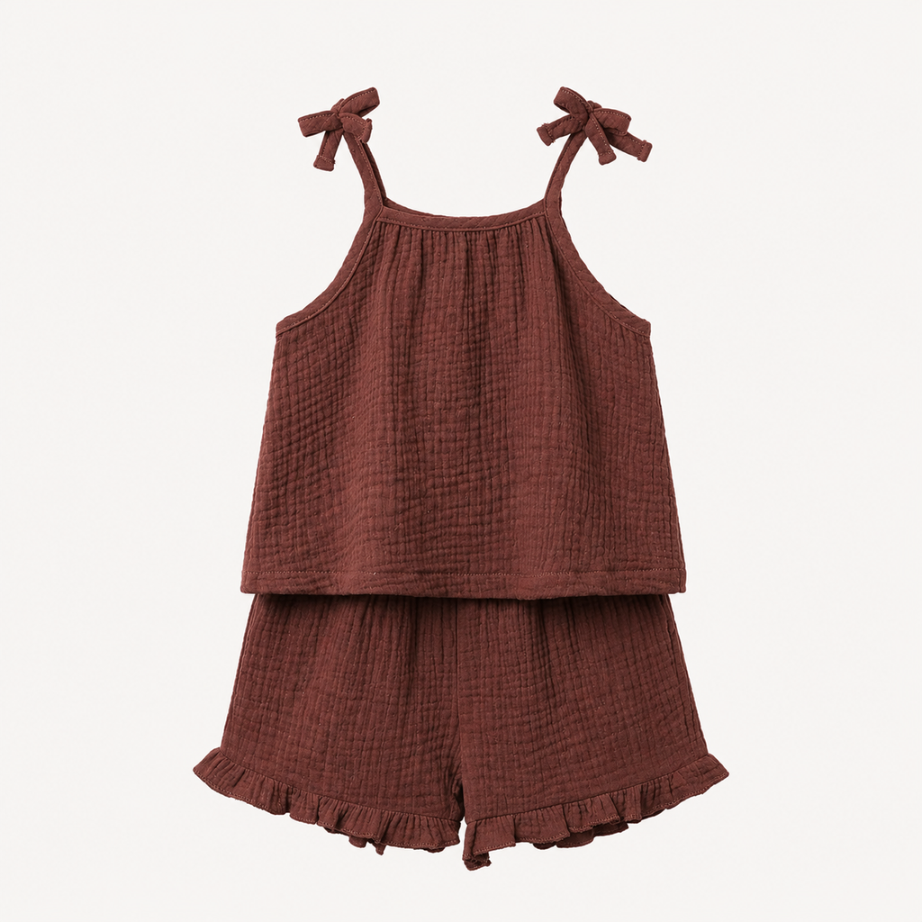 Girls Muslin Cotton Bow Top & Shorts - Brown