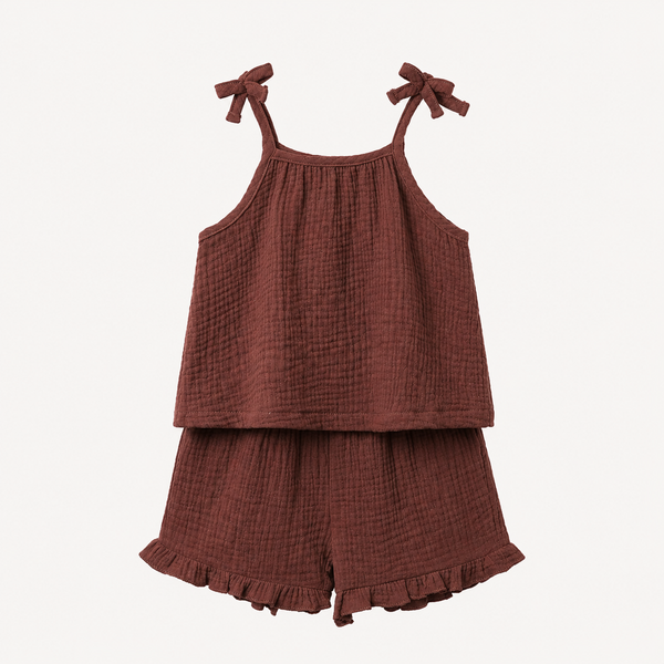Girls Muslin Cotton Bow Top & Shorts - Brown