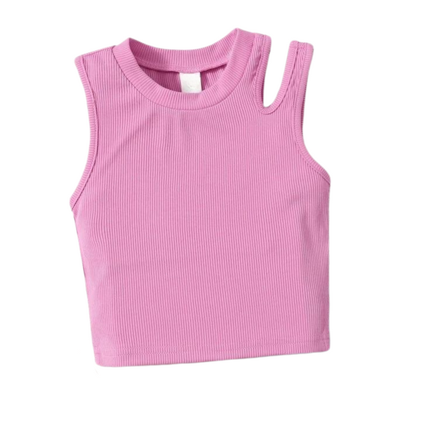 Pink ribbed tank top for girls with cutout sleeves, displayed on a plain background.