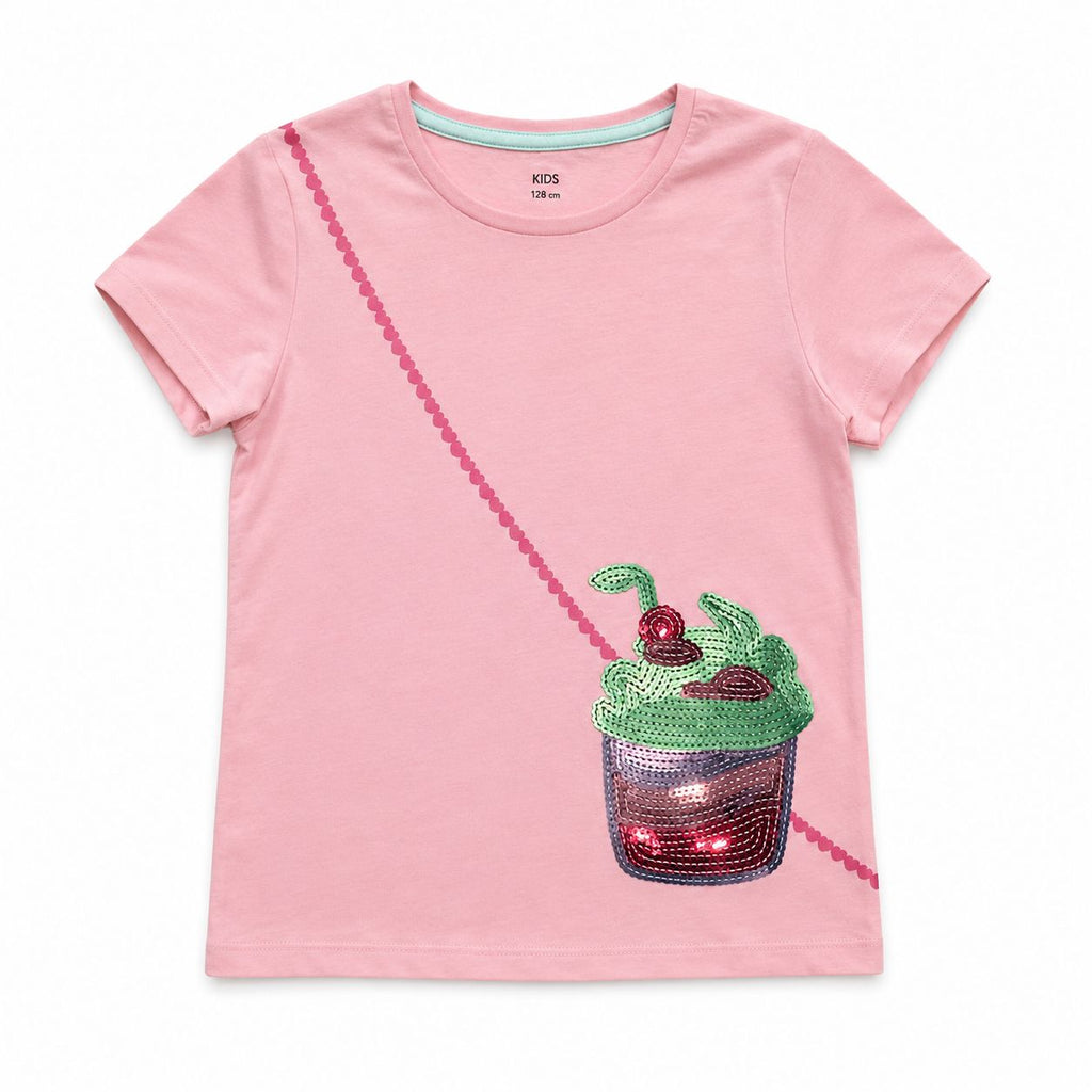 Pink t-shirt with a sequined ice cream cone design on a white background
