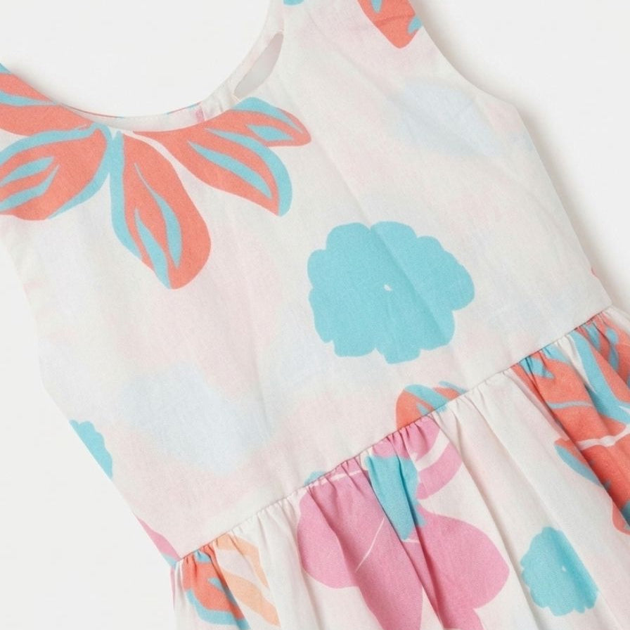Close-up of a dress with colorful floral pattern on a white background
