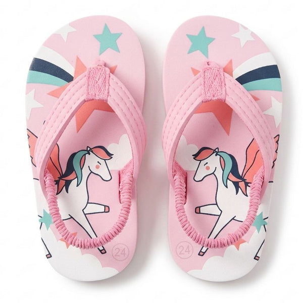 Pink children's sandals with unicorn design on a white background