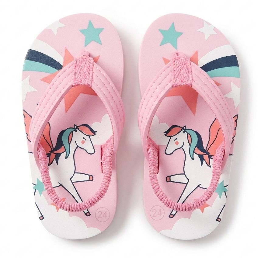 Pink children's sandals with unicorn design on a white background