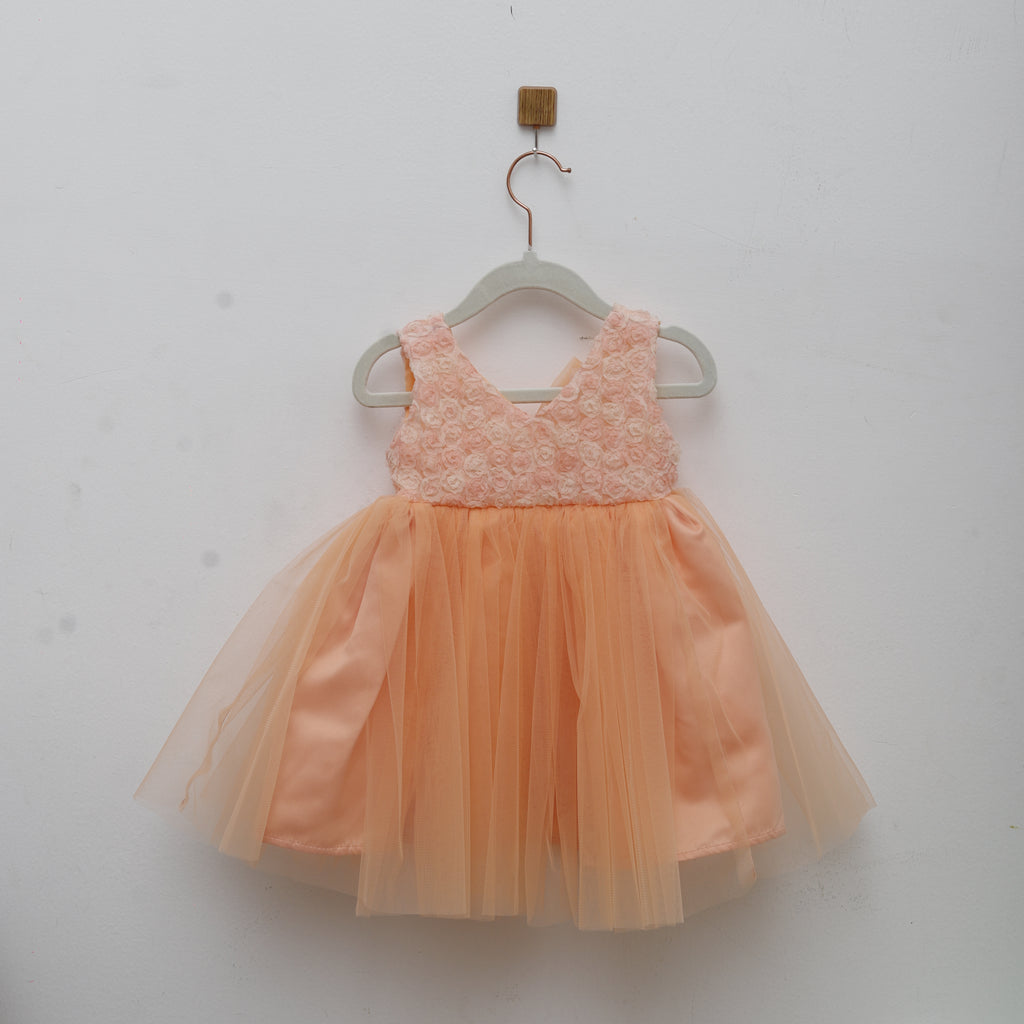 Peach-colored dress with lace detail on a white background