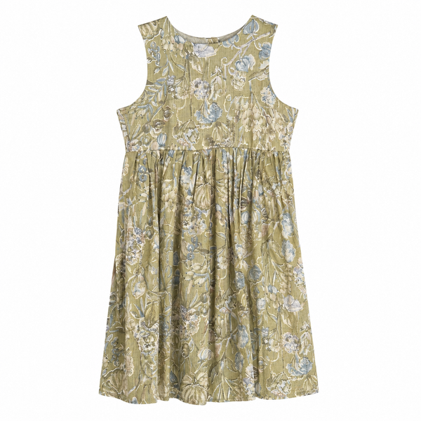 Embrace timeless charm with this sleeveless vintage-inspired dress, featuring a delicate floral print in dusty blue and cream over a muted olive backdrop. 