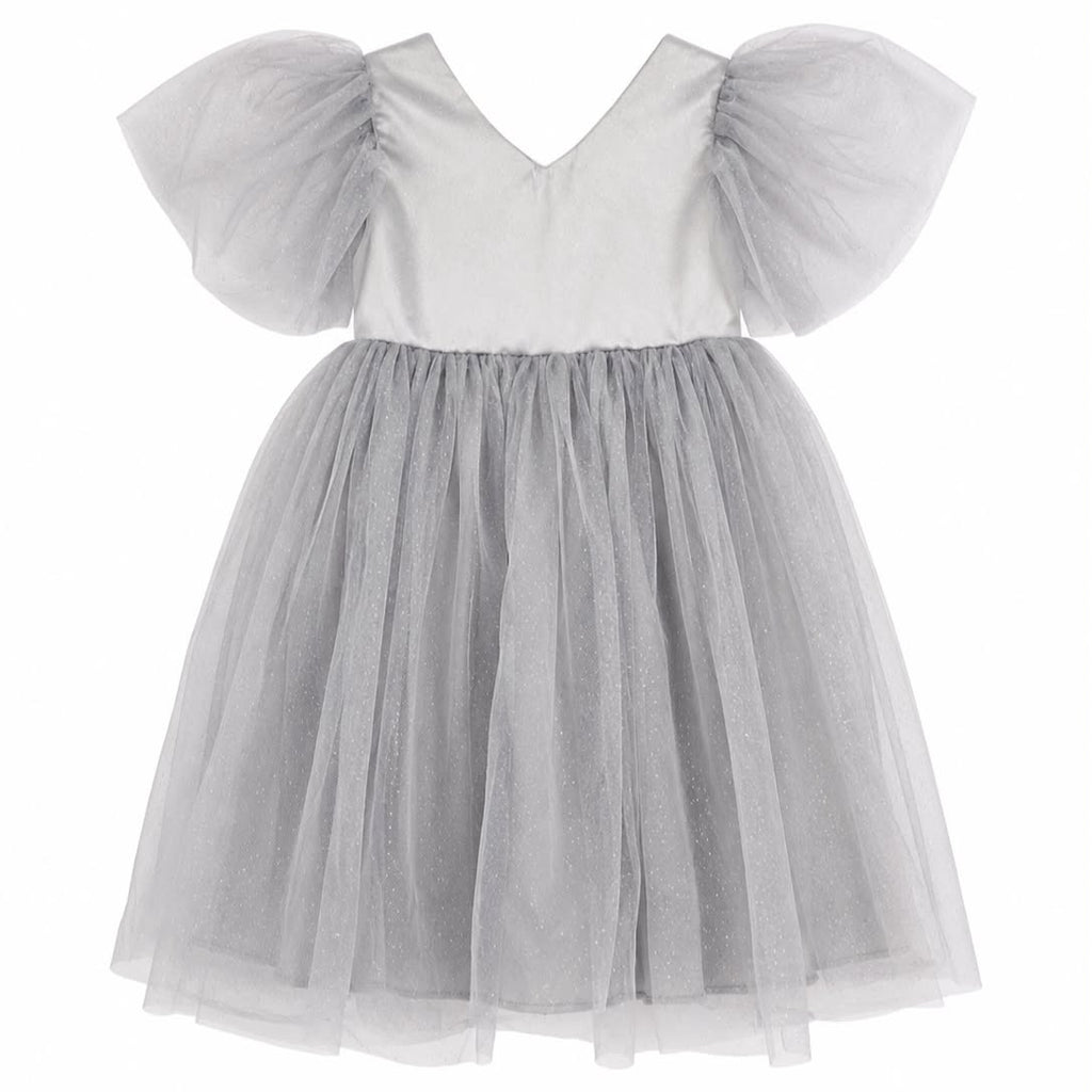 Gray tulle dress with white top on a white background