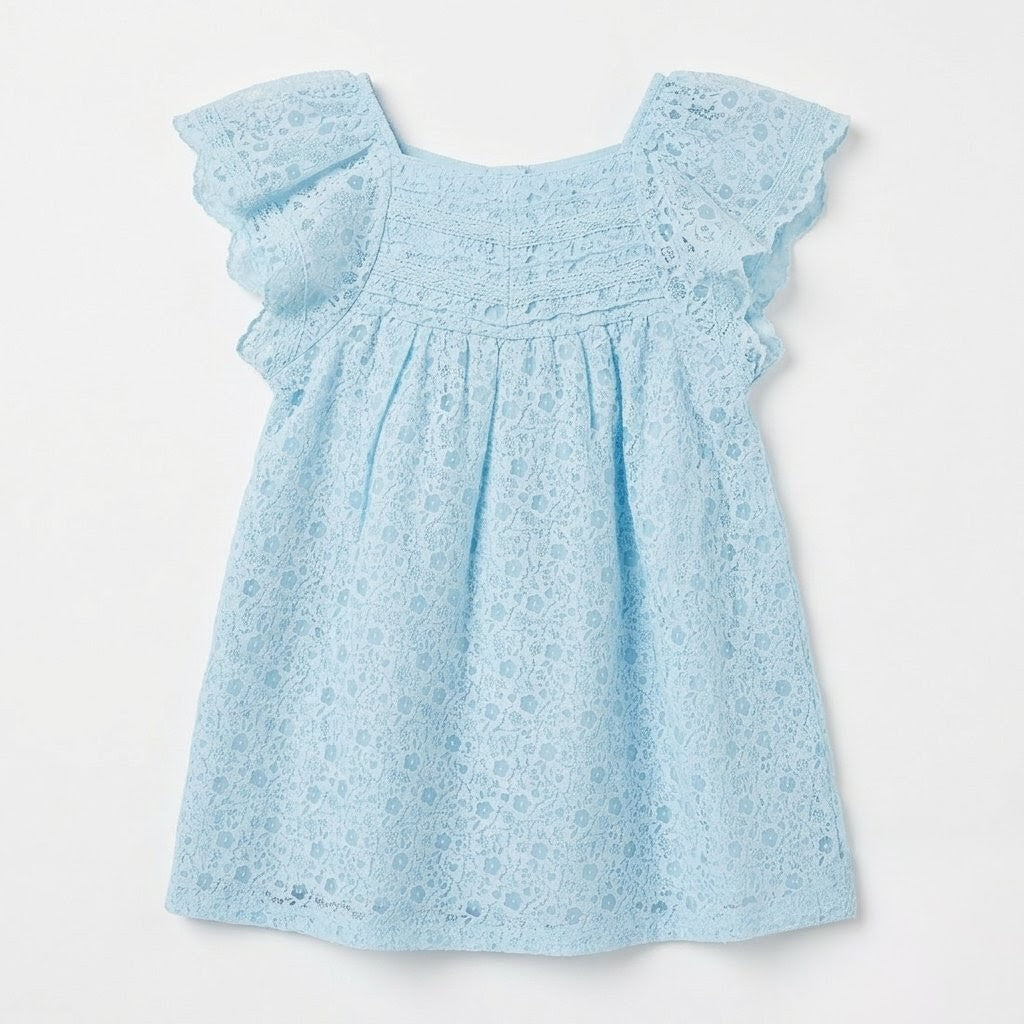 Girl Light blue dress with ruffled shoulders on a white background