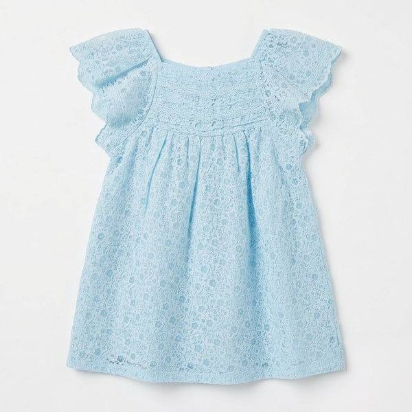 Girl Light blue dress with ruffled shoulders on a white background