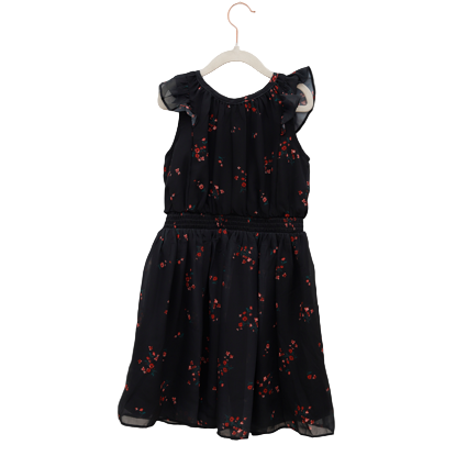 Black dress with red floral pattern on a white hanger against a white background