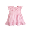 Pink dress with ruffled collar and hem on a white background