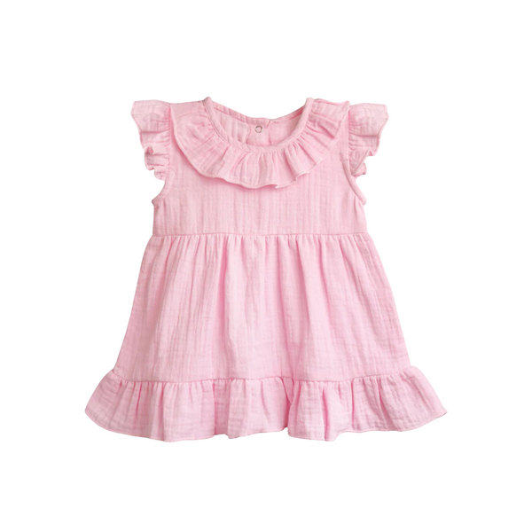 Pink dress with ruffled collar and hem on a white background